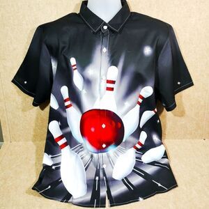 Bowling Graphic Black Button Down Short Sleeve Shirt #4